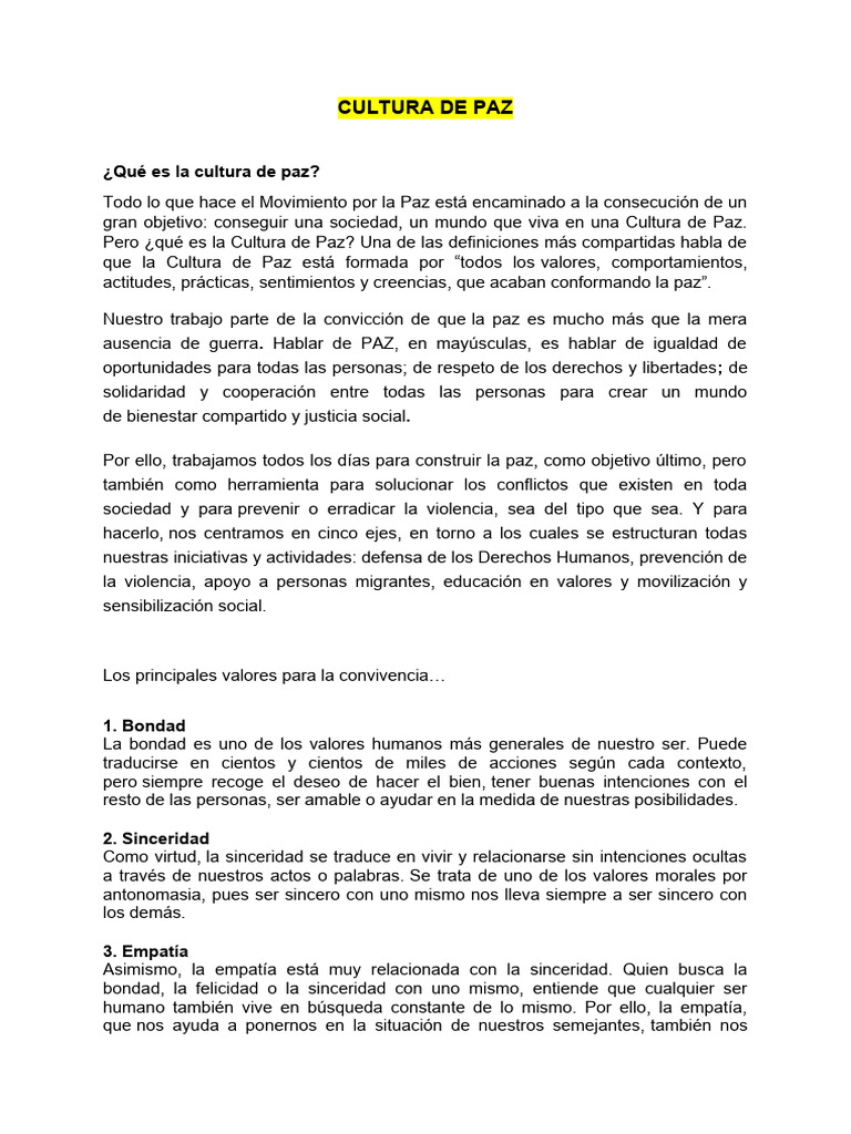 Cultura de Paz: Valores y Principios | PDF | Paz | Amor