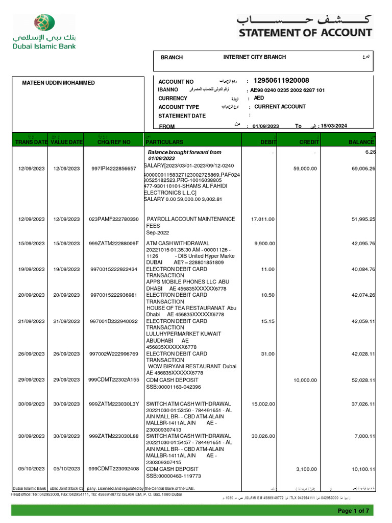 ADCB Current Account Statement | PDF | Debit Card | Transaction Account