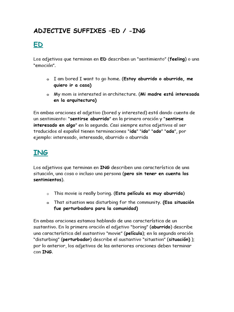 Adjetivos con sufijos -ED, -ING, -FUL, -LESS | PDF | Adjetivo | Sintaxis