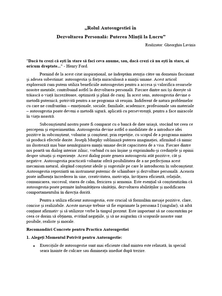 Rolul Autosugestiei Articol Propriu | PDF