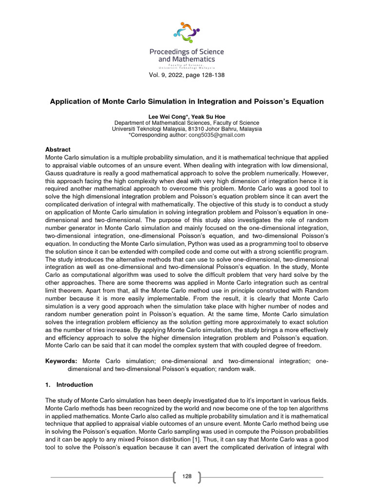 Monte Carlo Simulation for Integration & Poisson's Equation | PDF ...