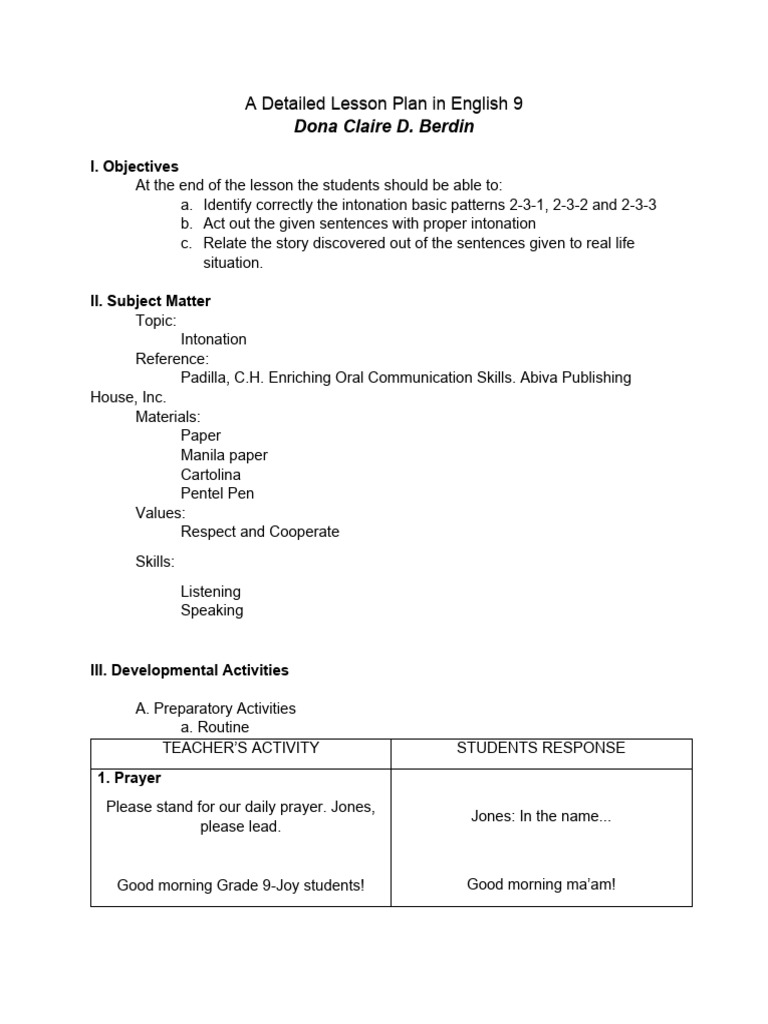 A detailed lesson plan in english 9 into pdf question human