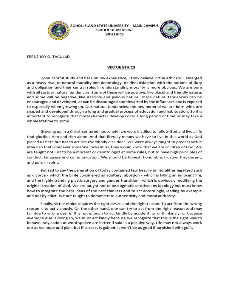 Bioethics Essay 1 - Taculad | PDF | Wellness
