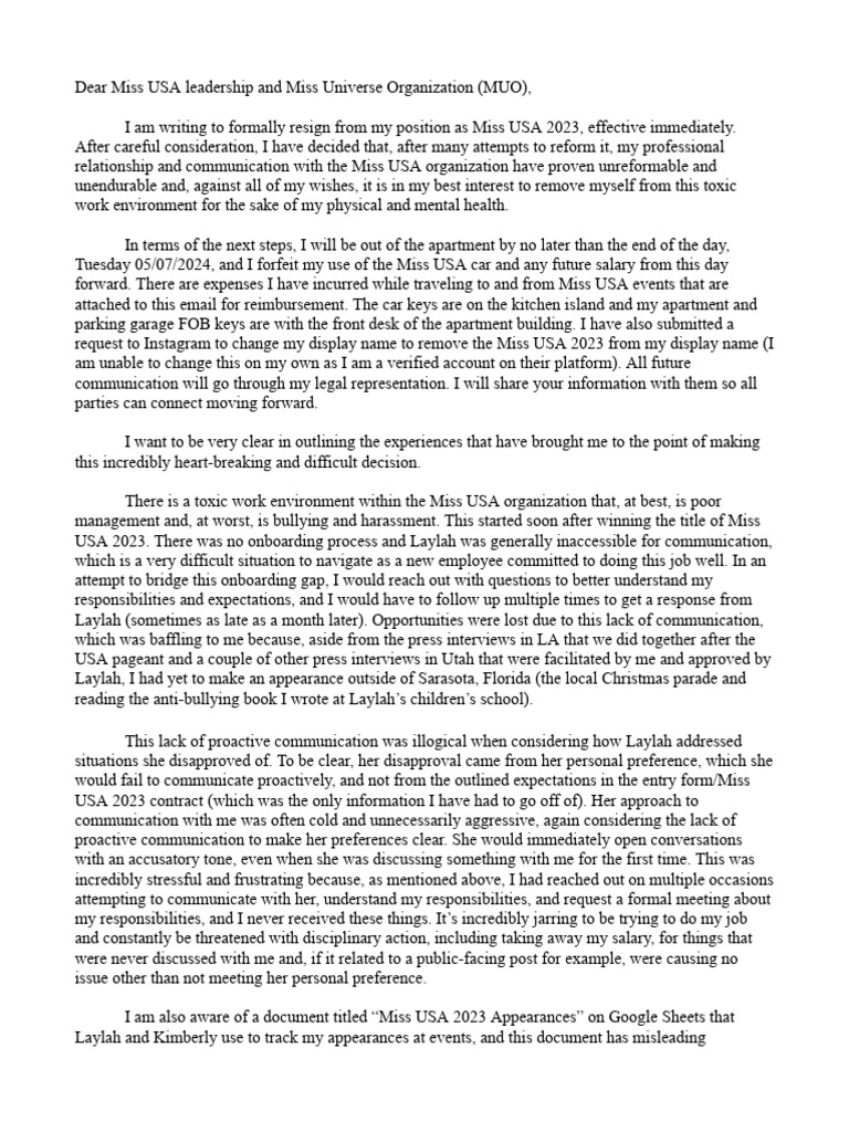 Miss USA Pageant Winner Resignation Letter PDF Defamation Social