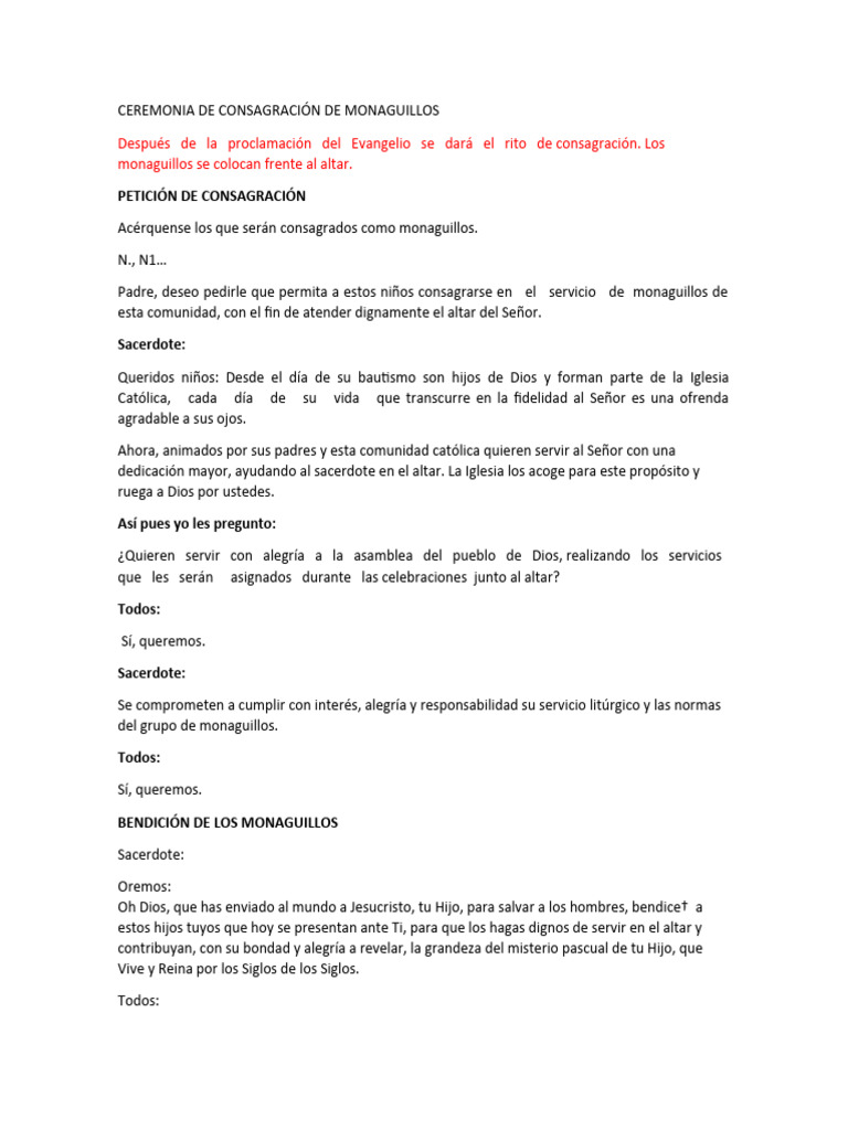Ceremonia De Consagración De Monaguillos Pdf