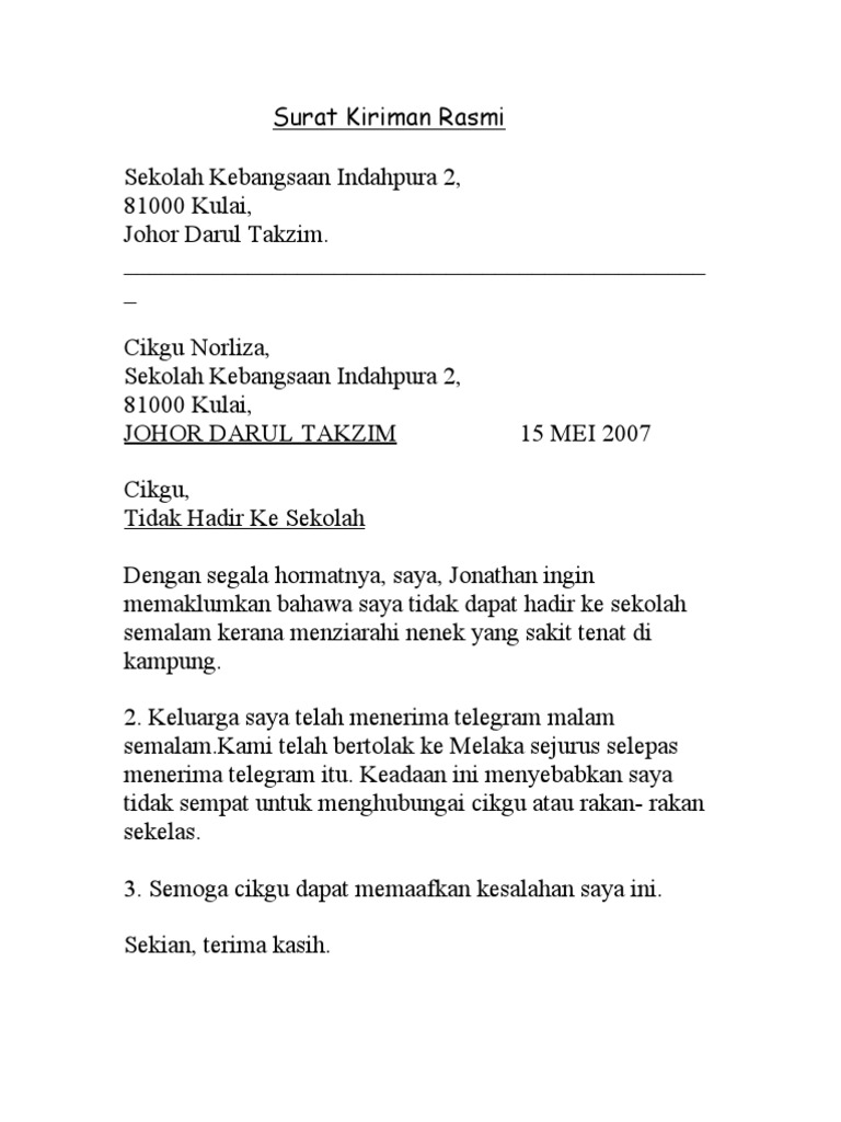 Surat Kiriman Rasmi Untuk Cuti Sekolah Kerana Akil Baligh Pdf
