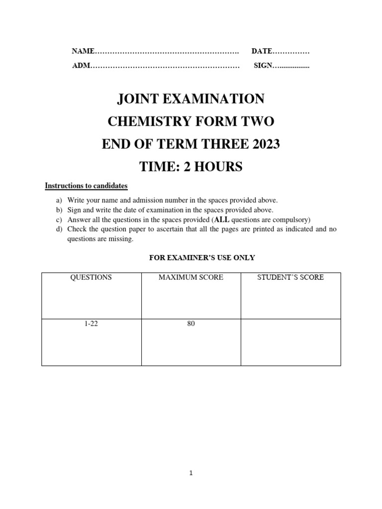 Chemistry Form Two Term 3 Exam 2023 | PDF | Chemical Elements ...