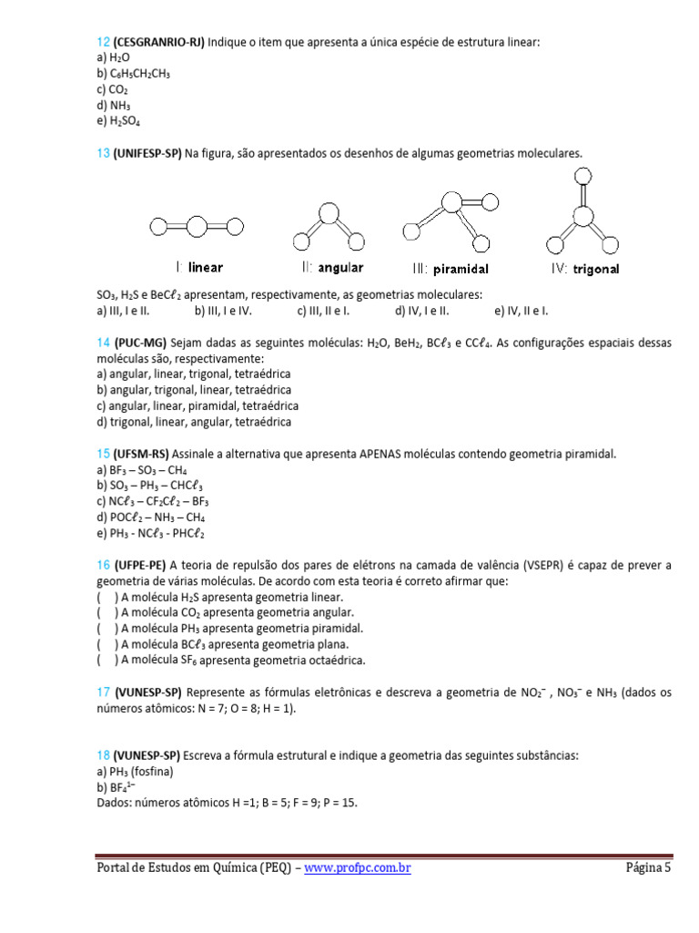 PUC-MG) Sejam Dadas As Seguintes Moléculas: H | PDF | Ligação química |  Moléculas, image size:768x1024