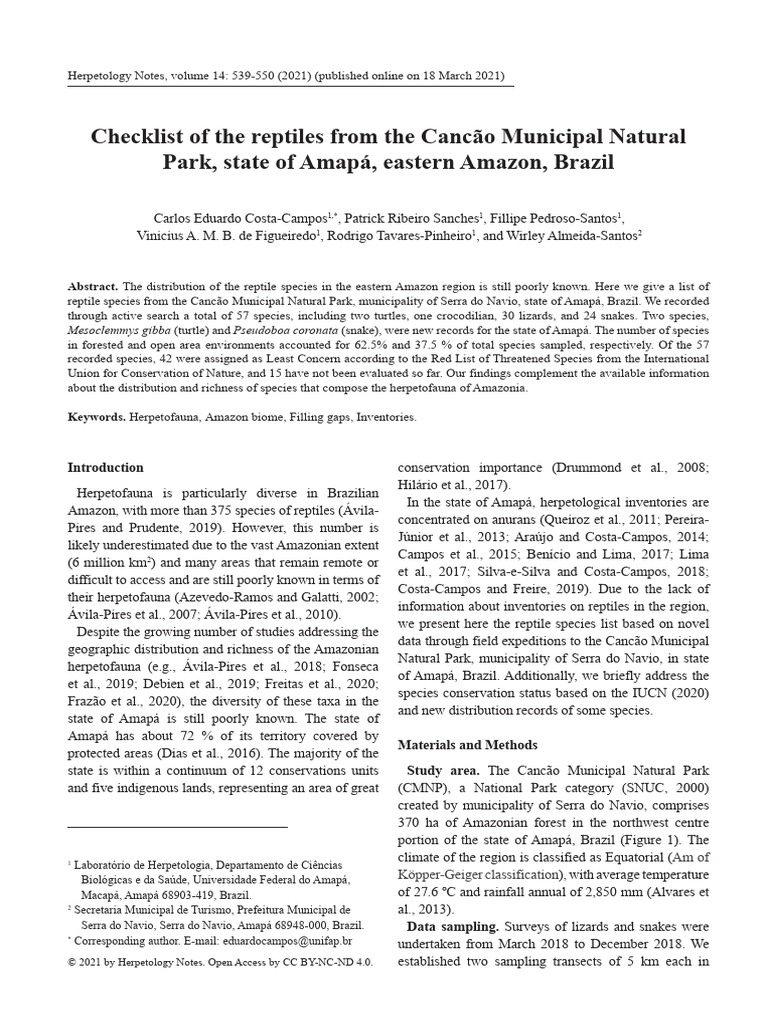 Reptile Checklist of Cancão Park, Amapá | PDF | Amazon Rainforest ...
