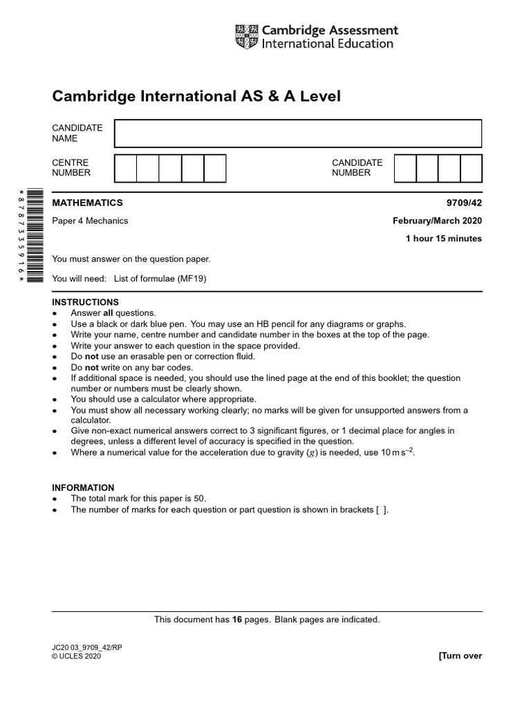 Cambridge AS Level Mathematics Mechanics Exam | PDF | Force | Friction