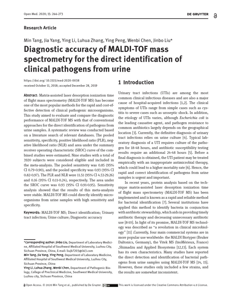 Diagnostic Accuracy of MALDIToF Mass Spectrometry For The Direct Identification of Clinical