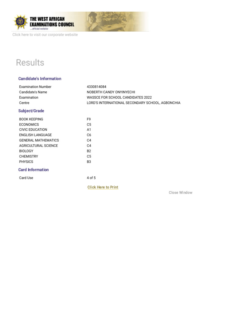 Waecdirect Online - Results | PDF