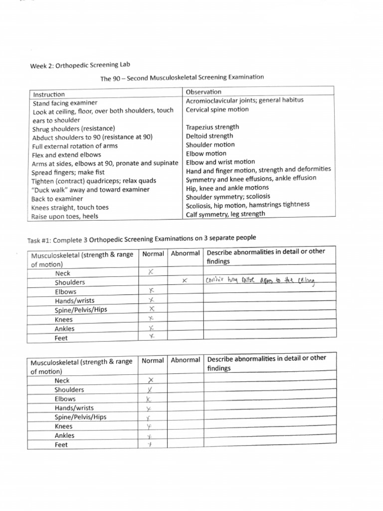 Lab Activity Orthopedic Screening Pdf