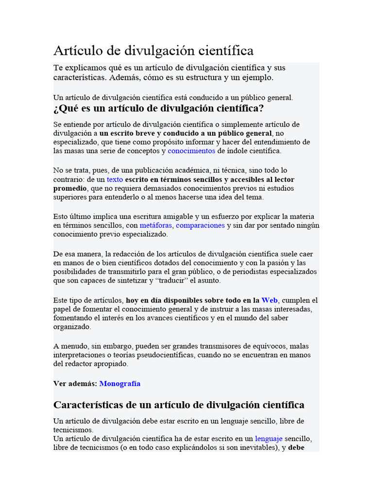 Artículo de divulgación científica: guía y ejemplo | PDF | Conocimiento ...