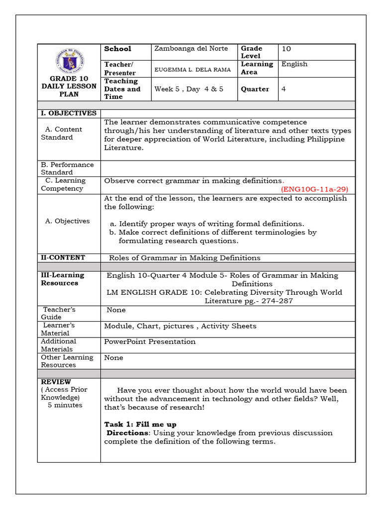 Grammar in Definitions: Grade 10 Lesson Plan | PDF | Subject (Grammar ...