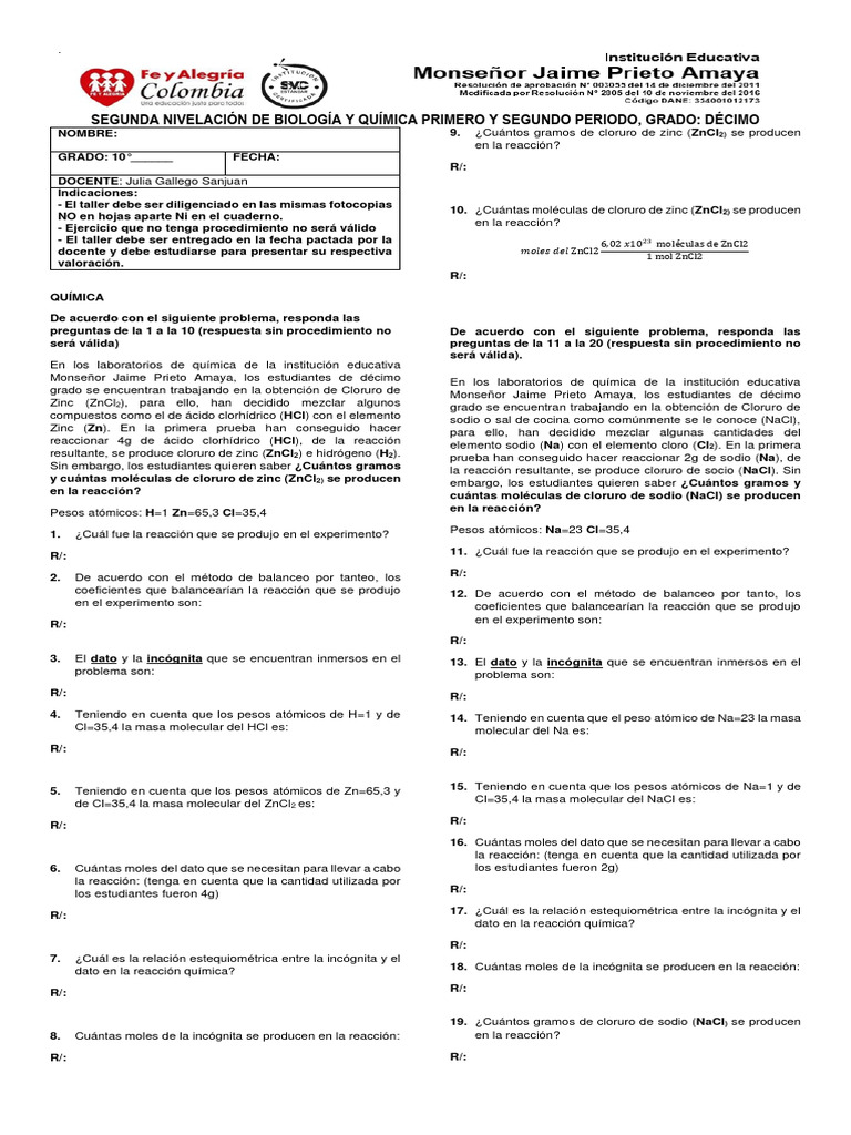Taller de nivelaci n 1 y 2 periodo biolog a y qu mica 10 pdf