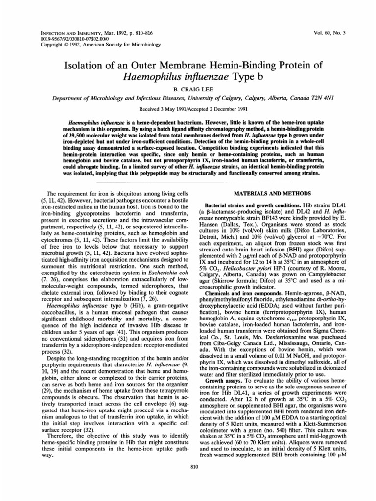 Isolation of an outer membrane hemin binding protein of heamophilus