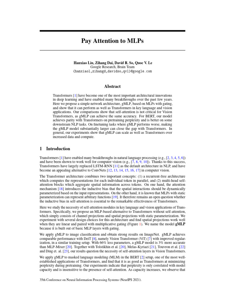 NeurIPS2021payattentiontomlpsPaper PDF Computational
