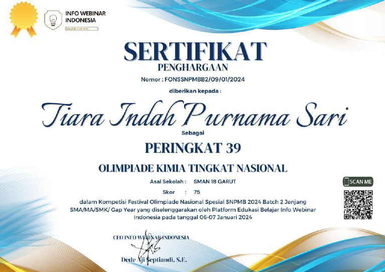Sertifikat Prestasi Akademik Non Akademik Tingkat Nasional Tiara