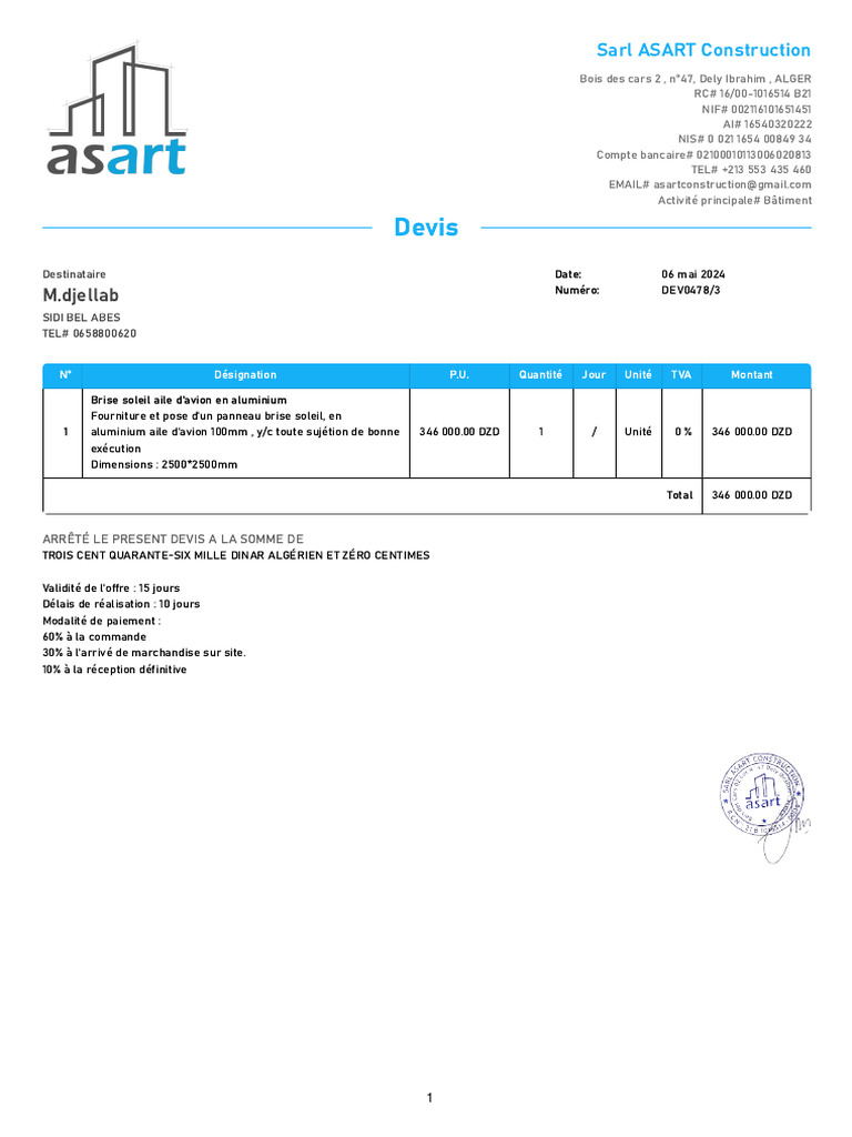 Devis pour brise soleil en aluminium | PDF | Numismates | Forex