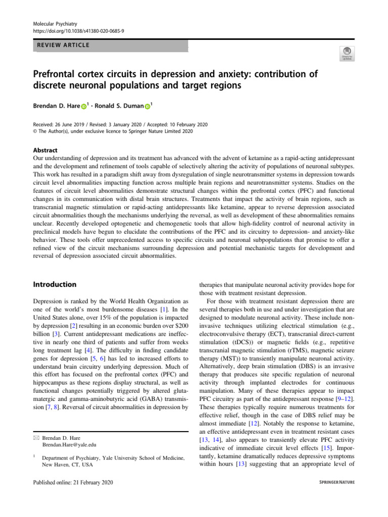 Prefrontal Cortex Circuits in Depression and Anxiety: Contribution of ...