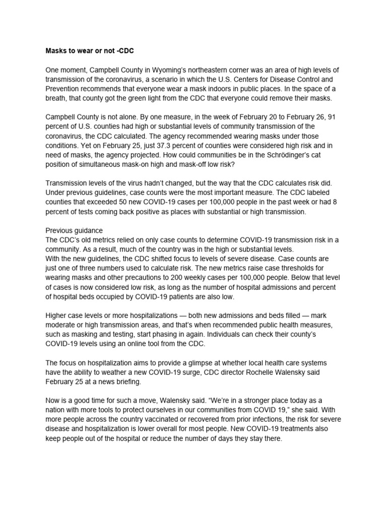 CDC's New Mask Guidelines Explained | PDF | Centers For Disease Control ...