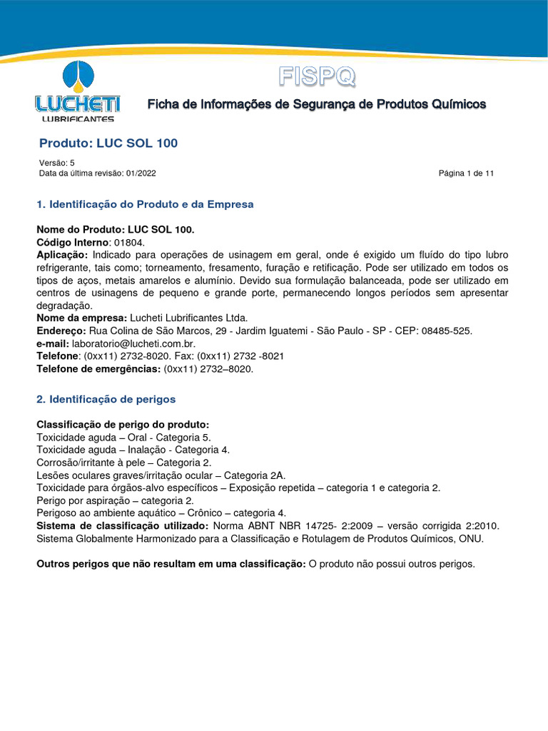 FISPQ LUC SOL 100 - Lucheti Lubrificantes | PDF | Águas residuais ...