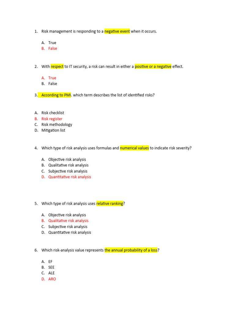 Risk Management and Analysis Quiz | PDF