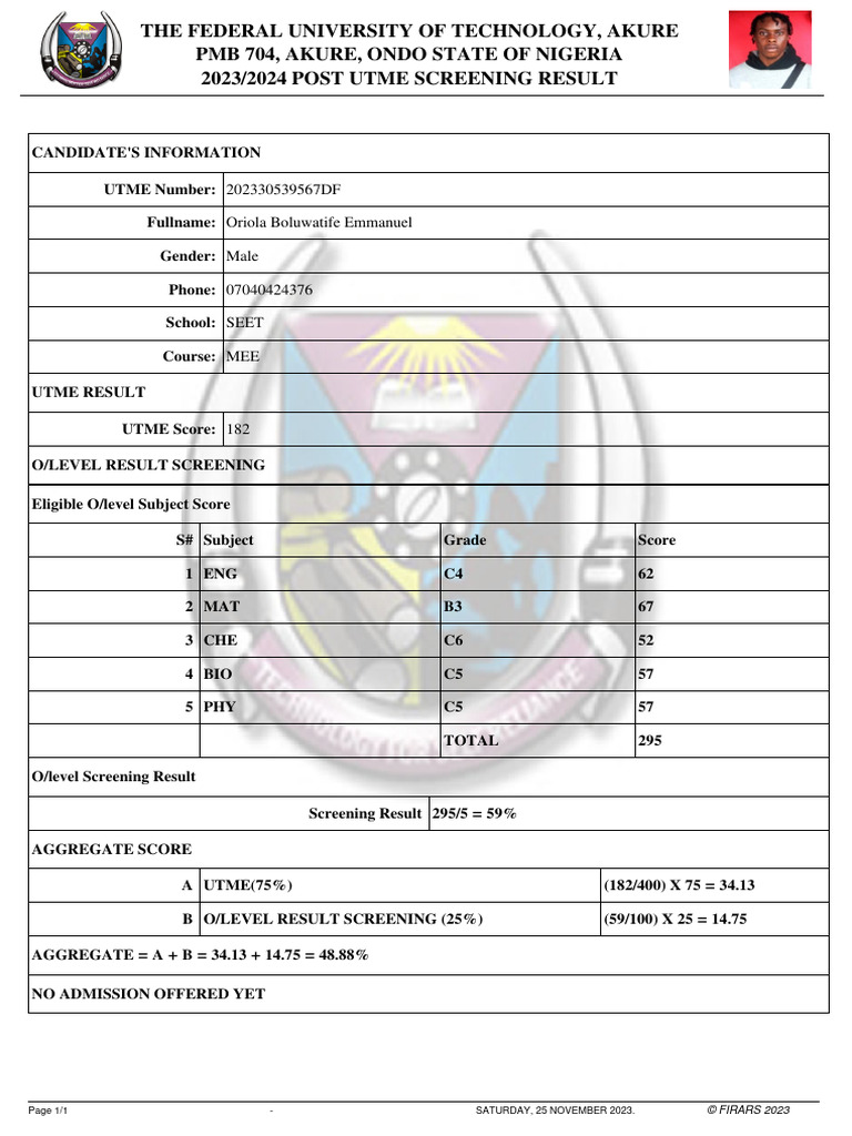 FUTA Post UTME Result 2023 | PDF | Standardized Tests | Student ...