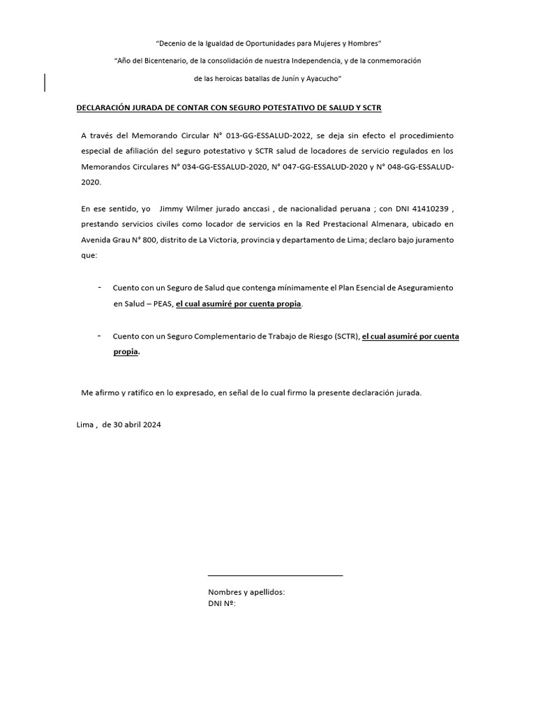 Declaración Jurada de Seguro de Salud | PDF