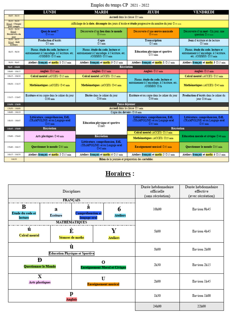 Emploi du temps CP 2021-2022 | PDF | Mathématiques