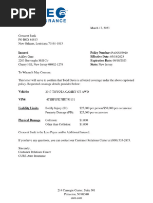 insurance card and binder CURE Auto Insurance Binder Details