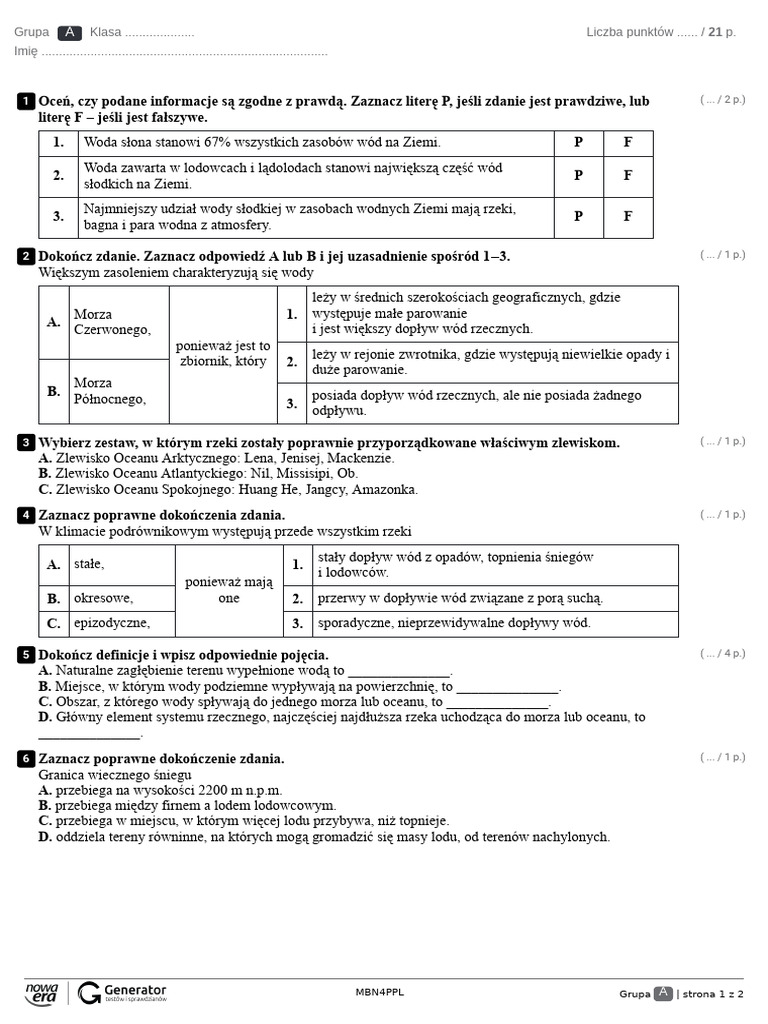 Hydrosfera Sprawdzian Nowa Era Odpowiedzi Test - Rozdział 4. Hydrosfera Test (Z Widoczną Punktacją) | PDF