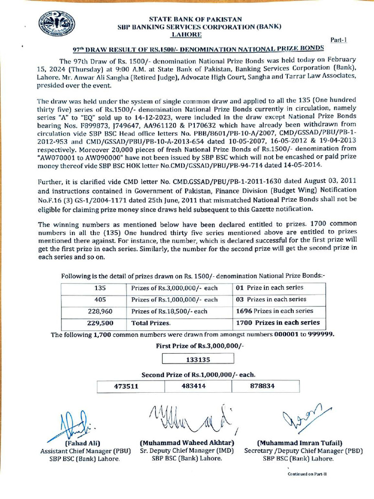 97th Draw Results of Rs.1500 Prize Bonds | PDF | Central Banks | Banking