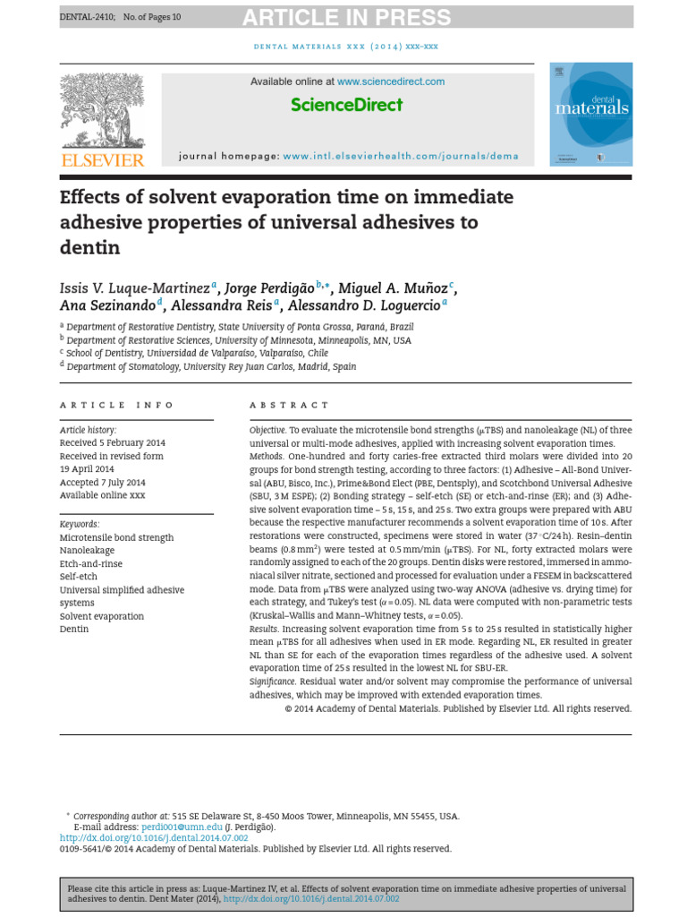 Effects of Solvent Evaporation Time on Immediate Adhesive Properties of