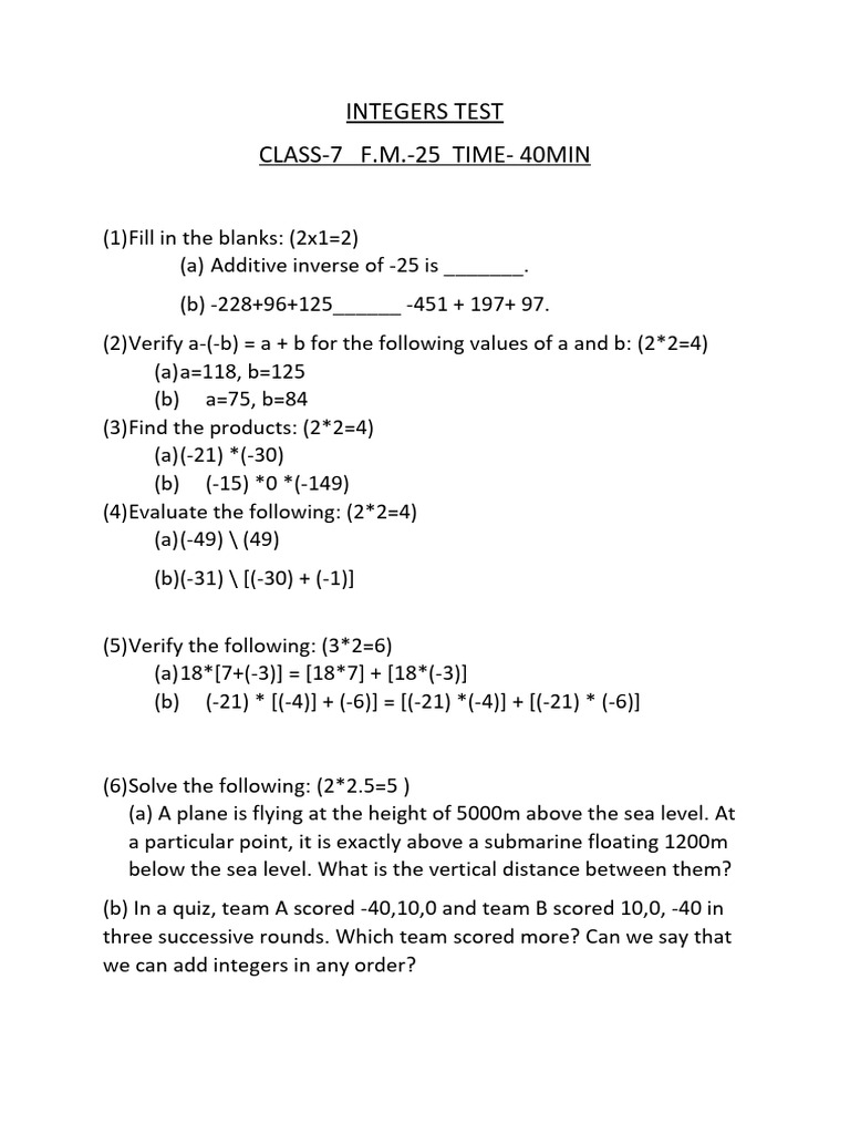 Integers Test | PDF