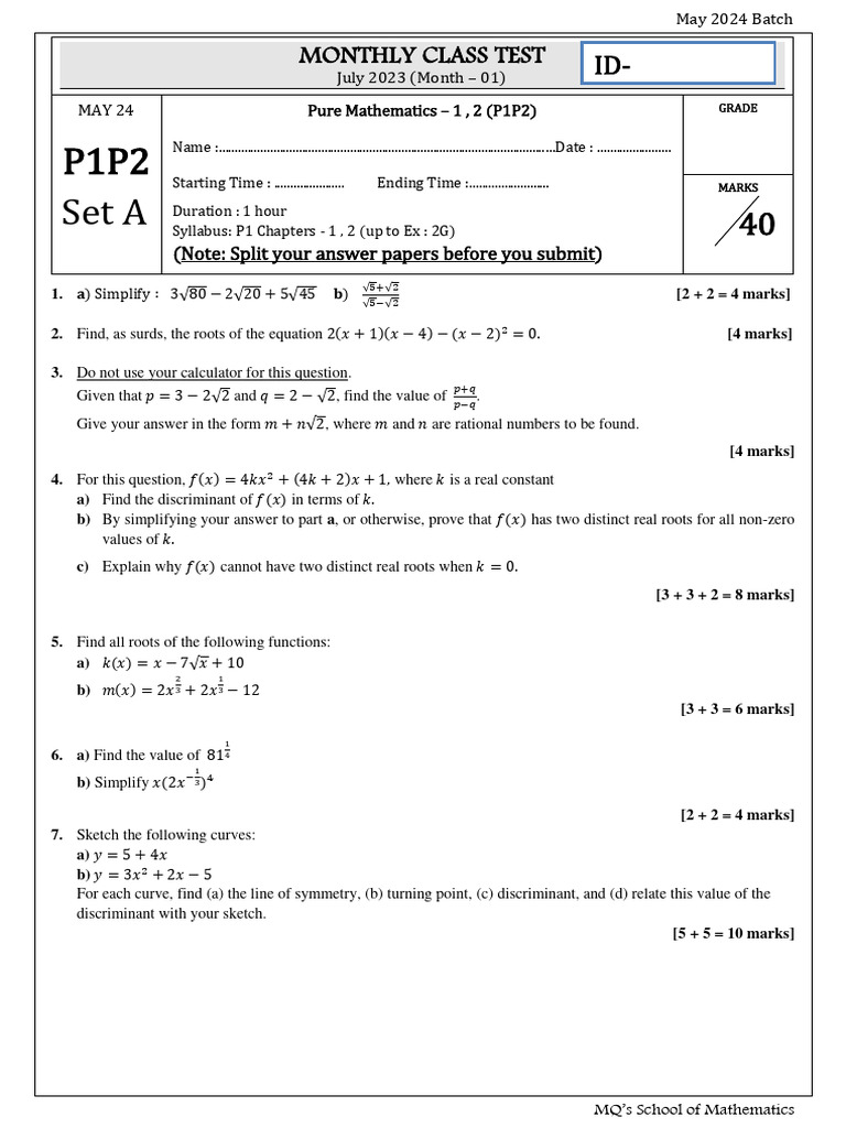 P1P2 Set A: Monthly Class Test | PDF | Equations | Applied Mathematics