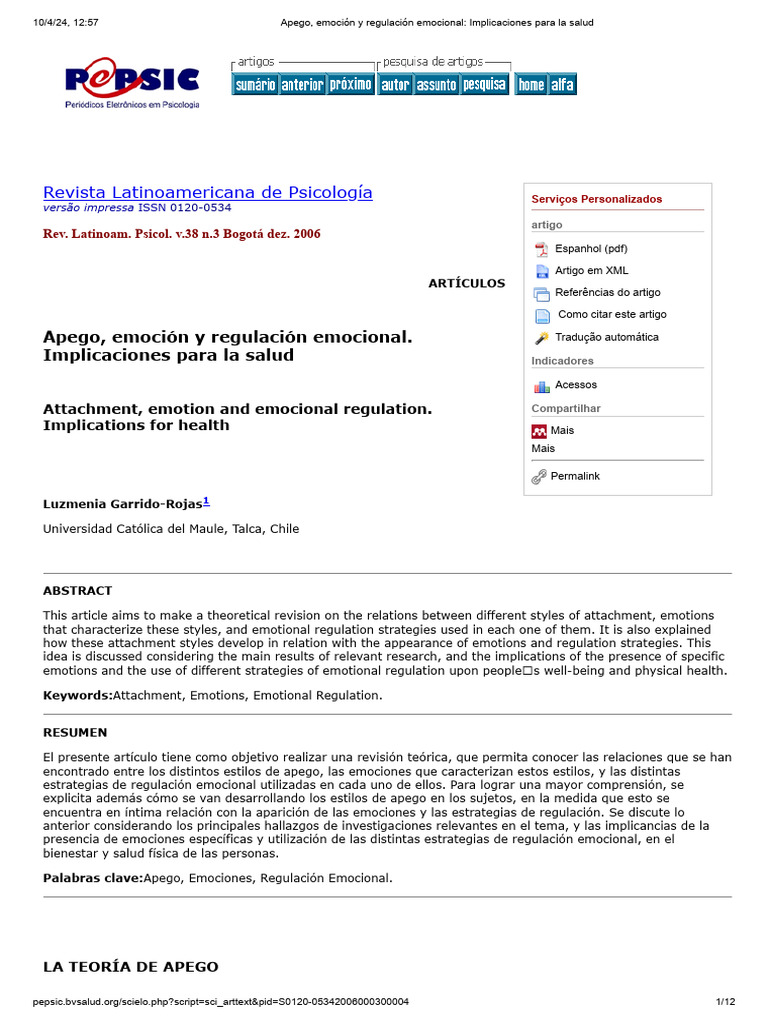Apego y regulación emocional en salud | PDF | Teoría de apego | Las ...