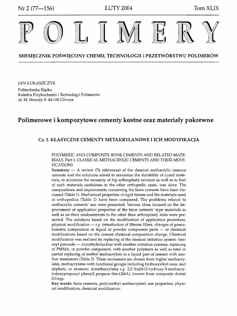 Polymeric and Composite Bone Cements and Related Materials. Part I ...