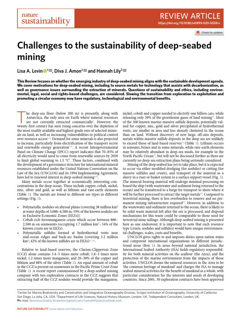 Levin Et Al Challenges To The Sustainability of Deep-Seabed Mining ...