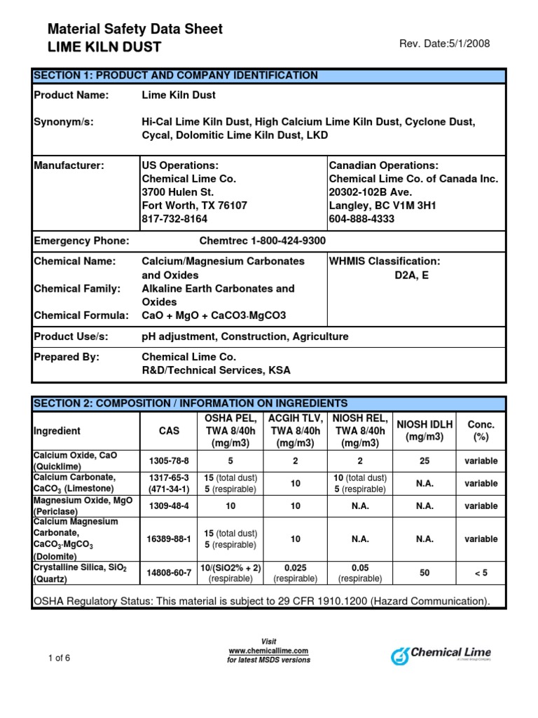 Lime Kiln Dust 042908 Dangerous Goods Hazardous Waste
