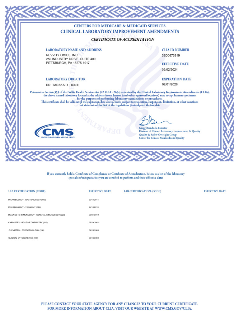 CLIA Certification Details for Revvity Omics | PDF | Medical Laboratory ...