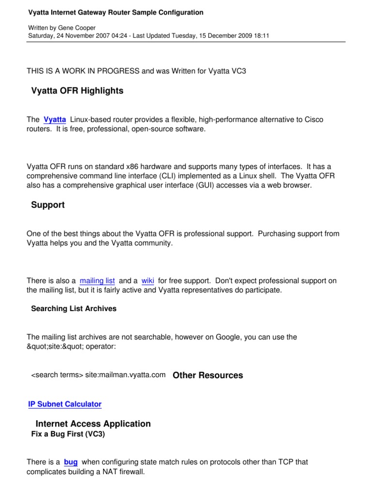 Vyatta Internet Gateway Router Sample Configuration | PDF | Firewall ...