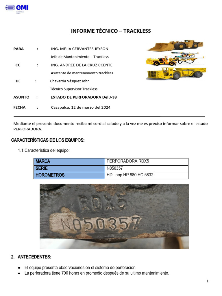 Informe Técnico: Estado Perforadora RDX5 | PDF