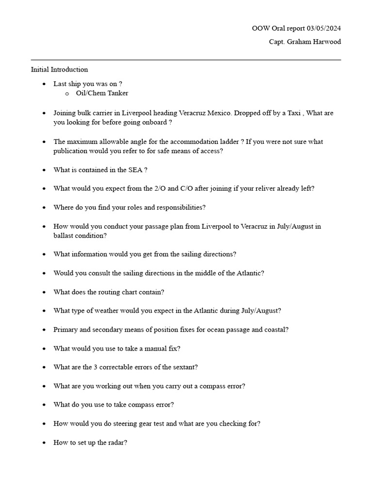 OOW Oral Exam Report - May 2024 | PDF | Ships | Watercraft