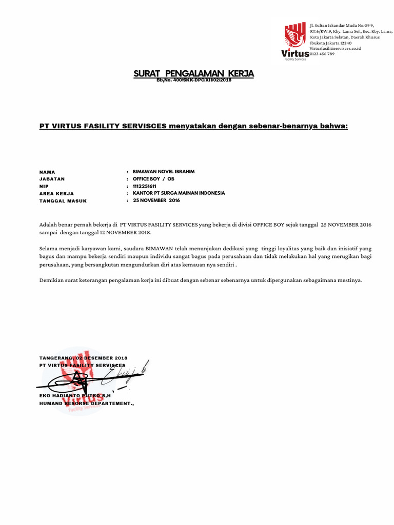 Surat Pengalaman Kerja Office Boy | PDF