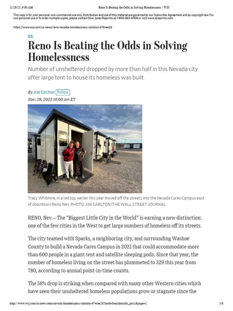 Reno Is Beating The Odds in Solving Homelessness - WSJ | PDF | Reno ...