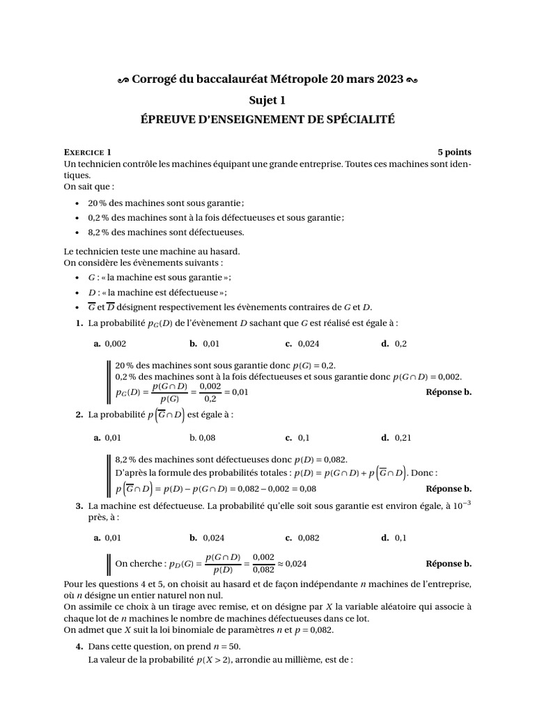 Corrigé Bac Maths 2023 Métropole | PDF | Mathématiques
