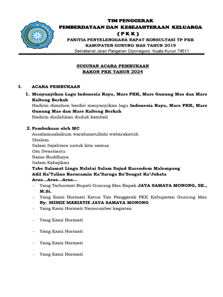 Susunan Acara Rakon PKK 2024 | PDF | Memasak, Makanan, & Anggur