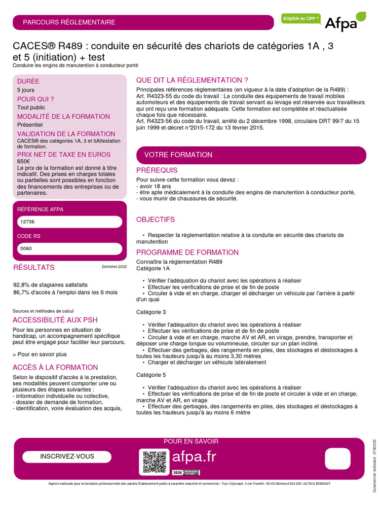FICHE PRODUIT REGLEMENTAIRE 12736 CACES R489 Conduite en Securite Des ...